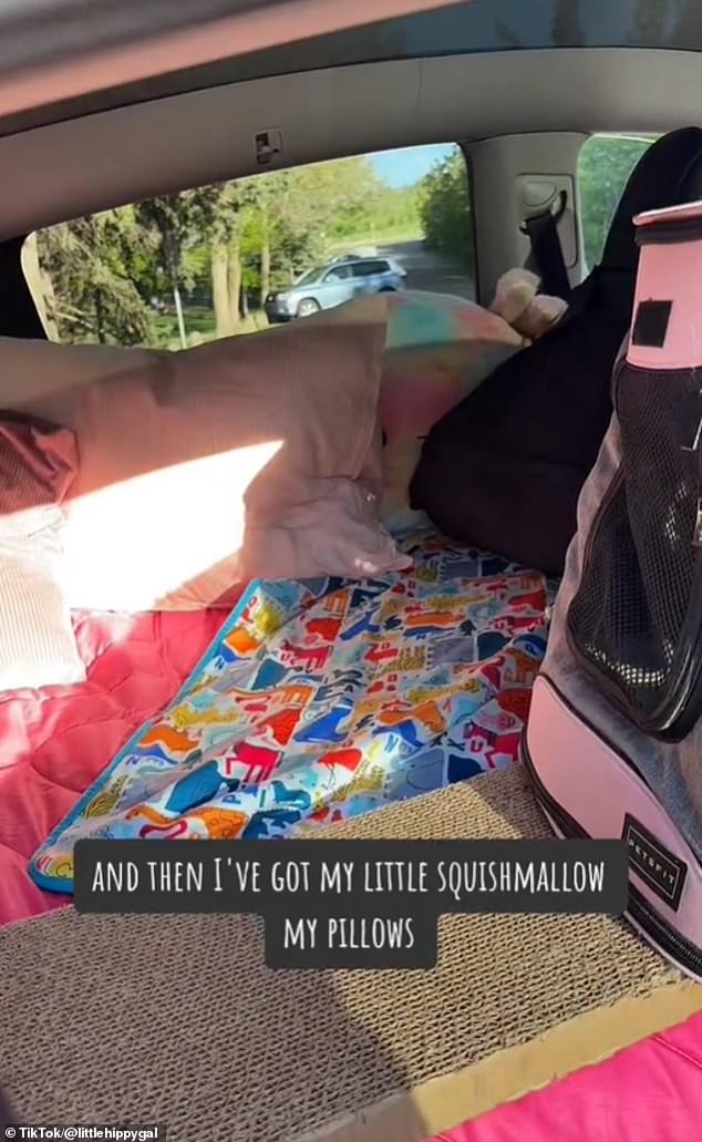 Stephanie sleeps in the back of the car and folds down the passenger seats so a double-sized mattress can fit through the trunk