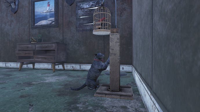 A cat uses a scratching post in a camp in Fallout 76.