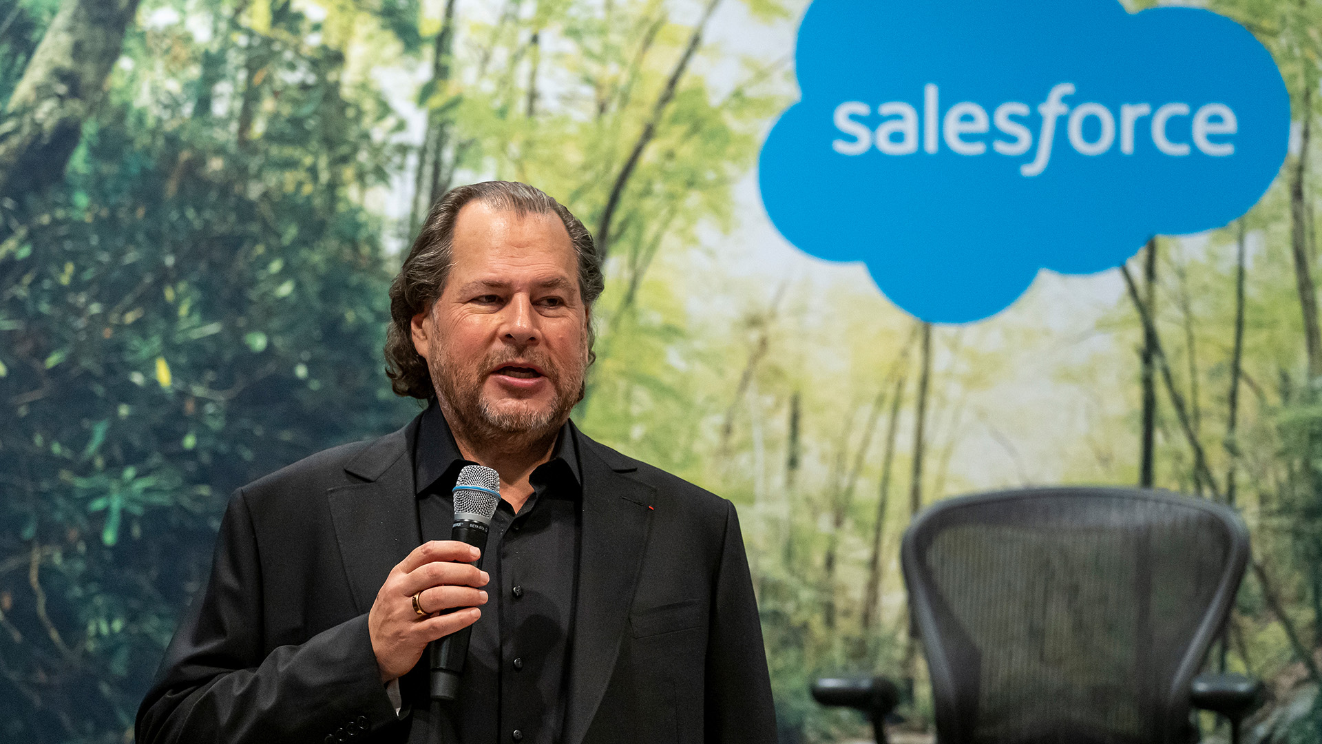 Marc Benioff, CEO of Salesforce Inc., speaks during a press conference at the 2024 Dreamforce conference in San Francisco, California, U.S., Tuesday, Sept. 17, 2024.