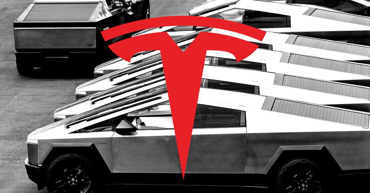 Photo collage of Tesla cybertrucks sitting in a lot with Tesla logo overlayed.