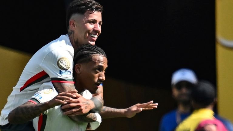 Joao Pedro celebrates his second goal against Fluminense with Chelsea teammate Enzo