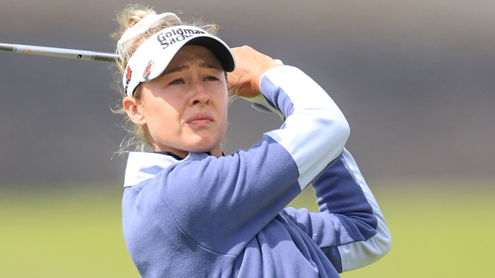 Nelly Korda plays her second shot on the 18th hole during the second round of the AIG Women's Open 2025 at Royal Porthcawl