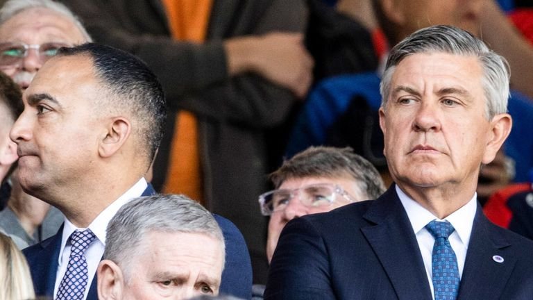 Rangers President Andrew Cavenagh (L) saw on Ibrox with Vice -President Paraag Marathe