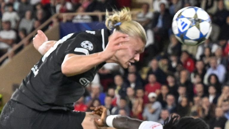 Manchester City's Erling Haaland scores his second goal against Monaco