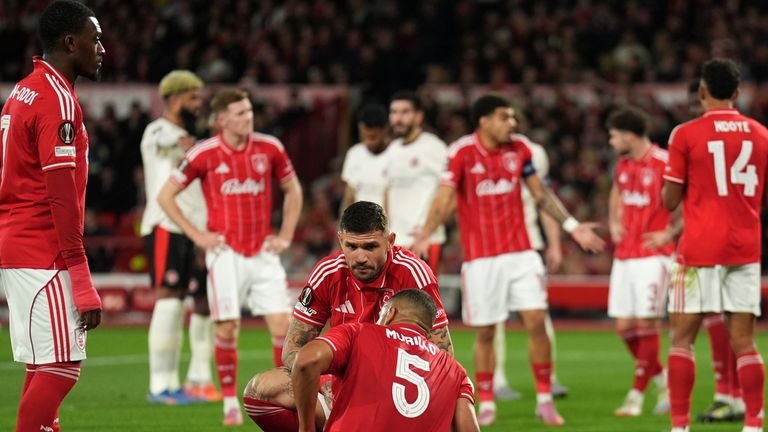 Nottingham Forest's Murillo pulls up the wound during the UEFA Europa League fight against FC Midtjylland