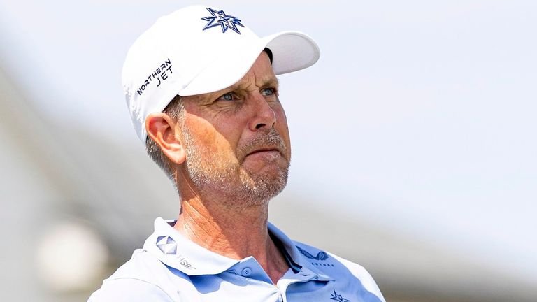Co-captain Henrik Stenson of Majestic's GC tees off the sixth tee during the final round of LIV Golf Indianapolis 