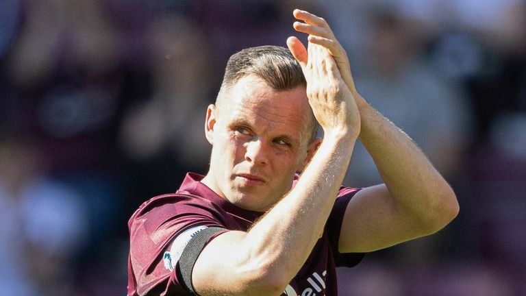 EDINBURGH, SCOTLAND - MAY 10: Hearts' Lawrence Shankland during a William Hill Premier League match between Heart of Midlothian and Motherwell at Tynecastle Park on May 10, 2025 in Edinburgh, Scotland. (Photo by Mark Scates/SNS Group)