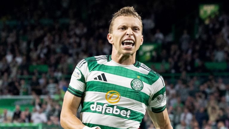 GLASGOW, SCOTLAND - AUGUST 15: Celtic...s Alistair Johnston celebrates after scoring to make it 2-0 during a Premier Sports Cup second round match between Celtic and Falkirk at Celtic Park on August 15, 2025 in Glasgow, Scotland. (Photo by Ross Parker / SNS Group)