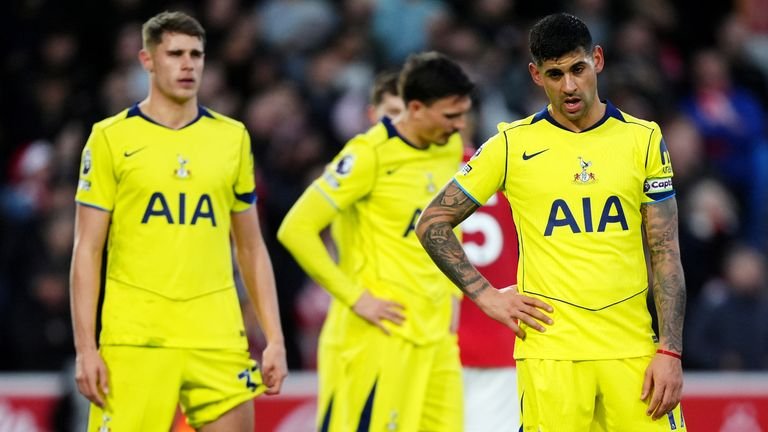 Tottenham's captain Cristian Romero and his teammates during the defeat at Nottingham Forest
