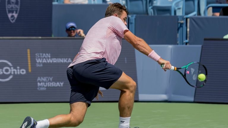 August 15, 2022, Mason, Ohio, USA: Stan Wawrinka (SUI) hits a backhand during Monday's first round of the Western and Southern Open at 