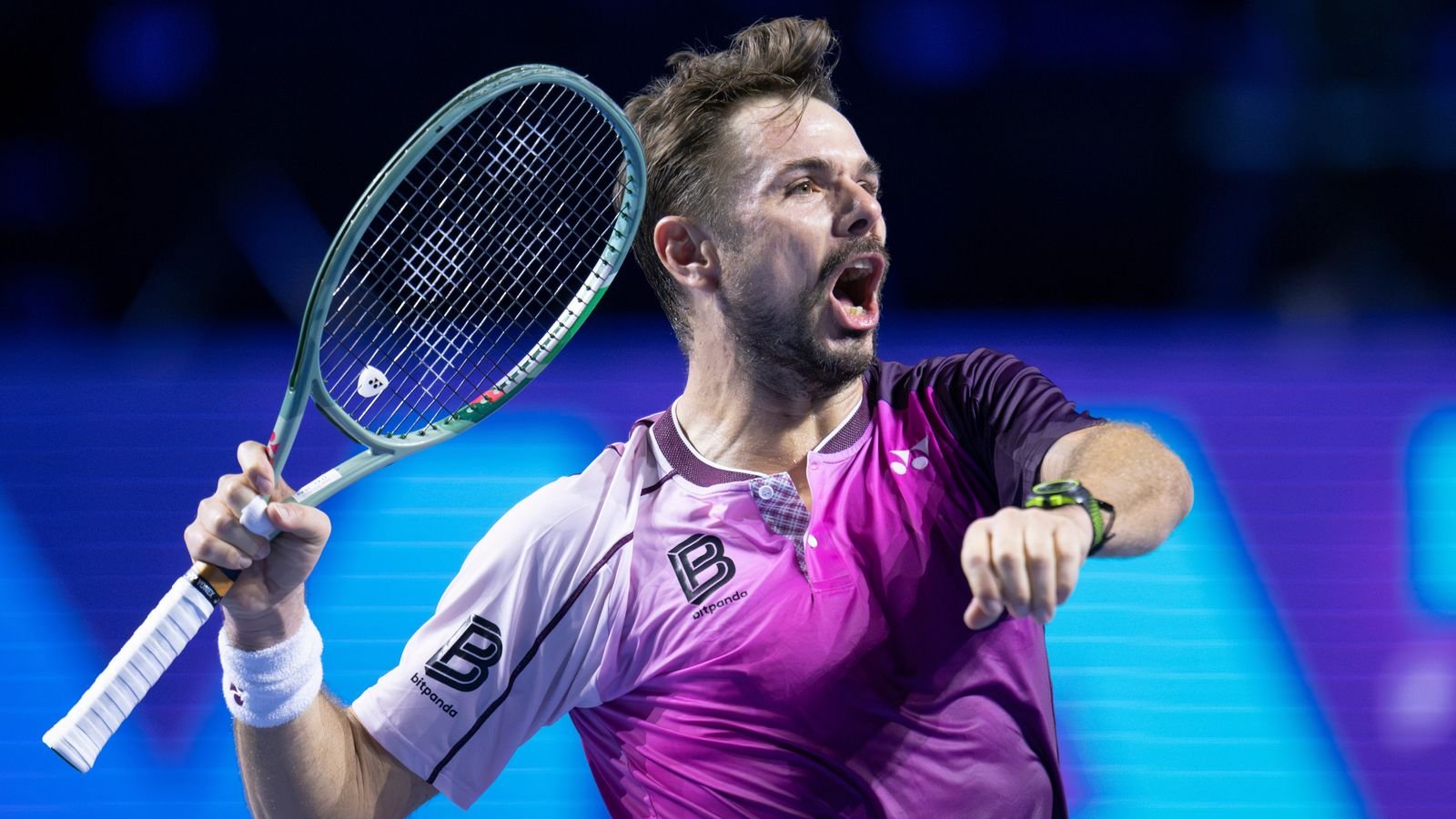 Switzerland's Stan Wawrinka celebrates defeating Serbia's Kecmanovic in their first round match at the Swiss Indoors tennis tournament at th