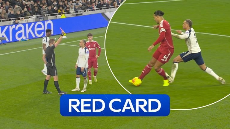Xavi Simons gets a red card for a challenge on Virgil van Dijk 
