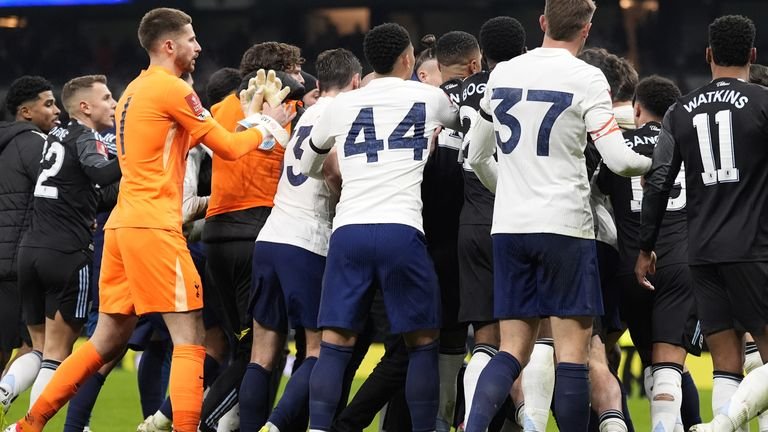 Spurs and Aston Villa players had to be separated after the full-time whistle of their FA Cup third-round tie