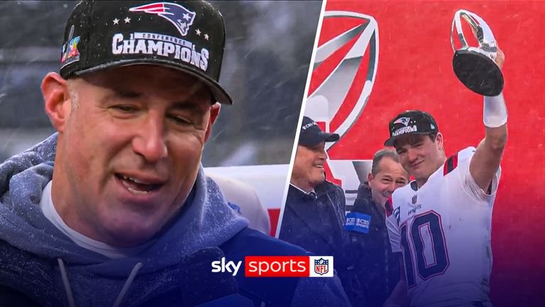 Mike Vrabel and Drake Maye collect the AFC Championship trophy