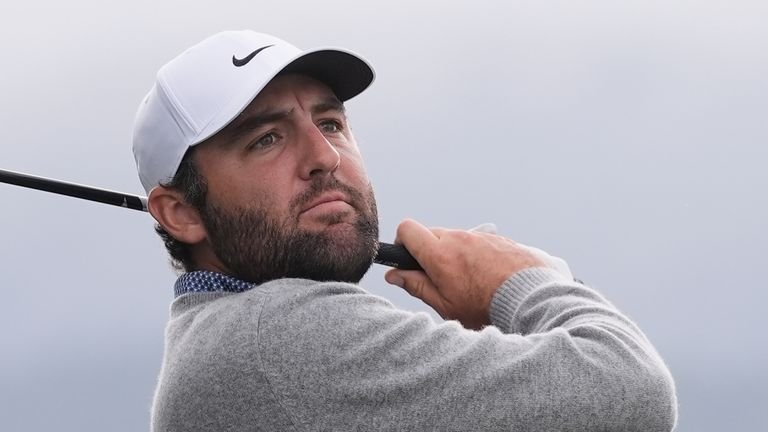 Scottie Scheffler tees off the 14th tee at Pebble Beach Golf Links during the final round of the AT&T Pebble Beach Pro-Am 