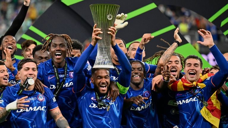 Chelsea's Reece James lifts the trophy after the Europa Conference League final soccer match between Real Betis and Chelsea in Wroclaw, Poland, Wednesday, May 28, 2025. (AP Photo/Denes Erdos)