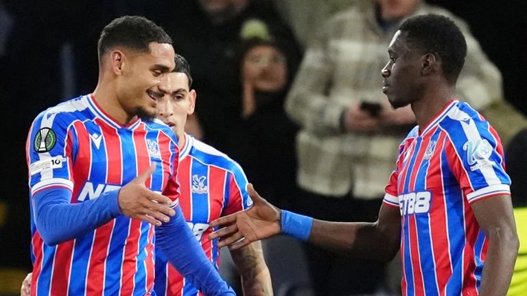 Crystal Palace's Maxence Lacroix celebrates scoring against Zrinjski Mostar with Ismaila Sarr 