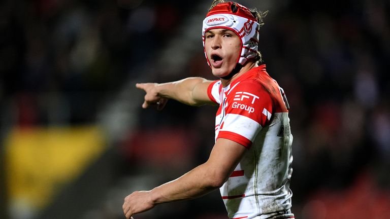 St Helens' Harry Robertson during the 2026 Betfred Super League match at BrewDog Stadium, St Helens