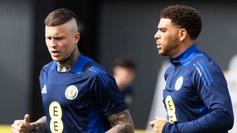 GLASGOW, SCOTLAND - SEPTEMBER 4: Lyndon Dykes and Che Adams during a Scotland training session at The City Stadium on September 4, 2025 in Glasgow, Scotland. (Photo by Alan Harvey/SNS Group)