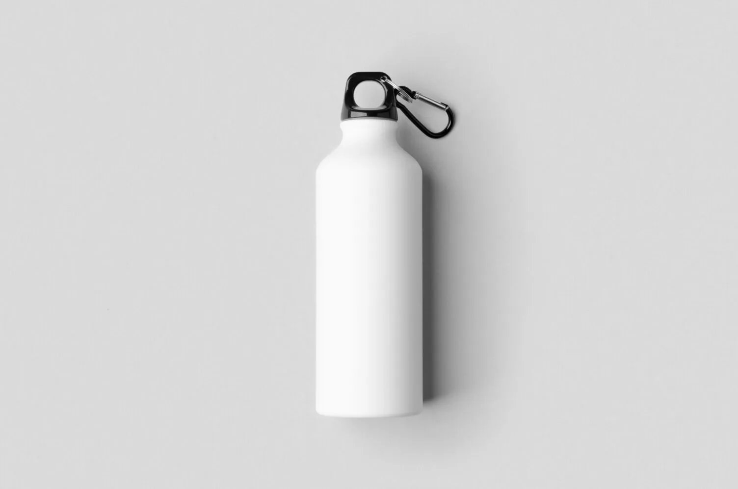 White reusable water bottle with black carabiner lid on gray background