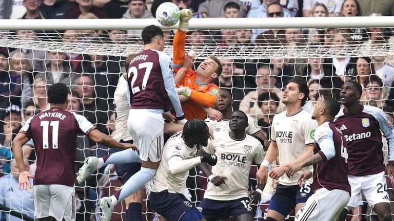 Mads Hermansen hits the ball clear of danger at Villa Park