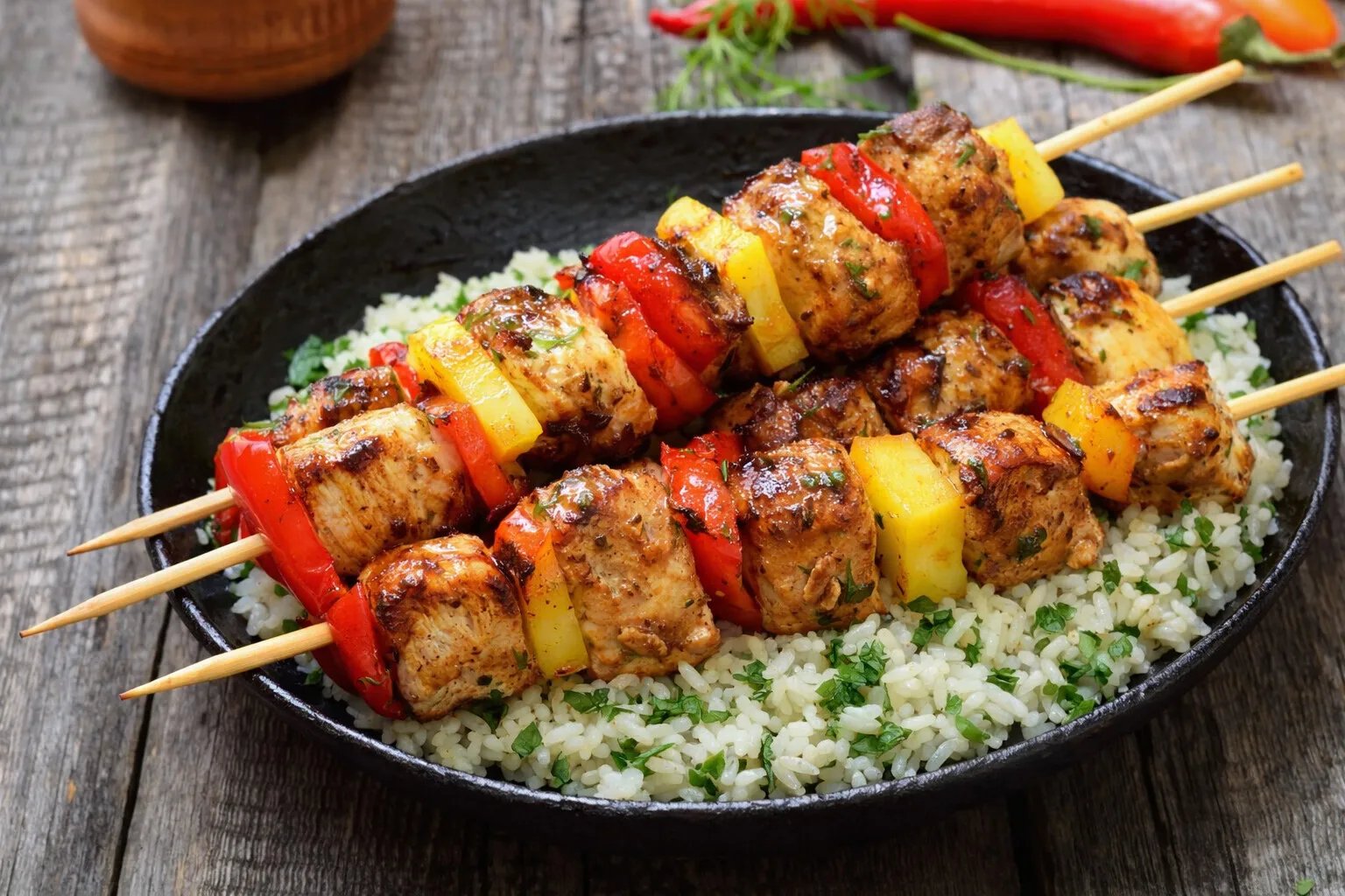 Hawaiian Chicken Kebab and Coriander Ginger Rice