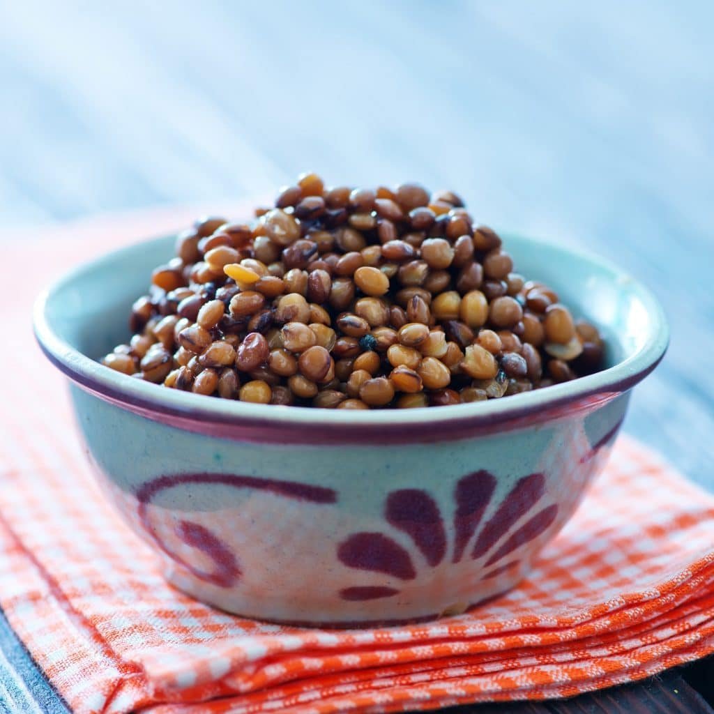 A ceramic bowl filled with cooked lentils is placed on an orange and white checkered cloth showing a floral pattern. For those focused on healthier meal prep, this dish is both nutritious and easy to make using supermarket shortcuts. The background remains beautifully blurred. MyFitnessPal blog