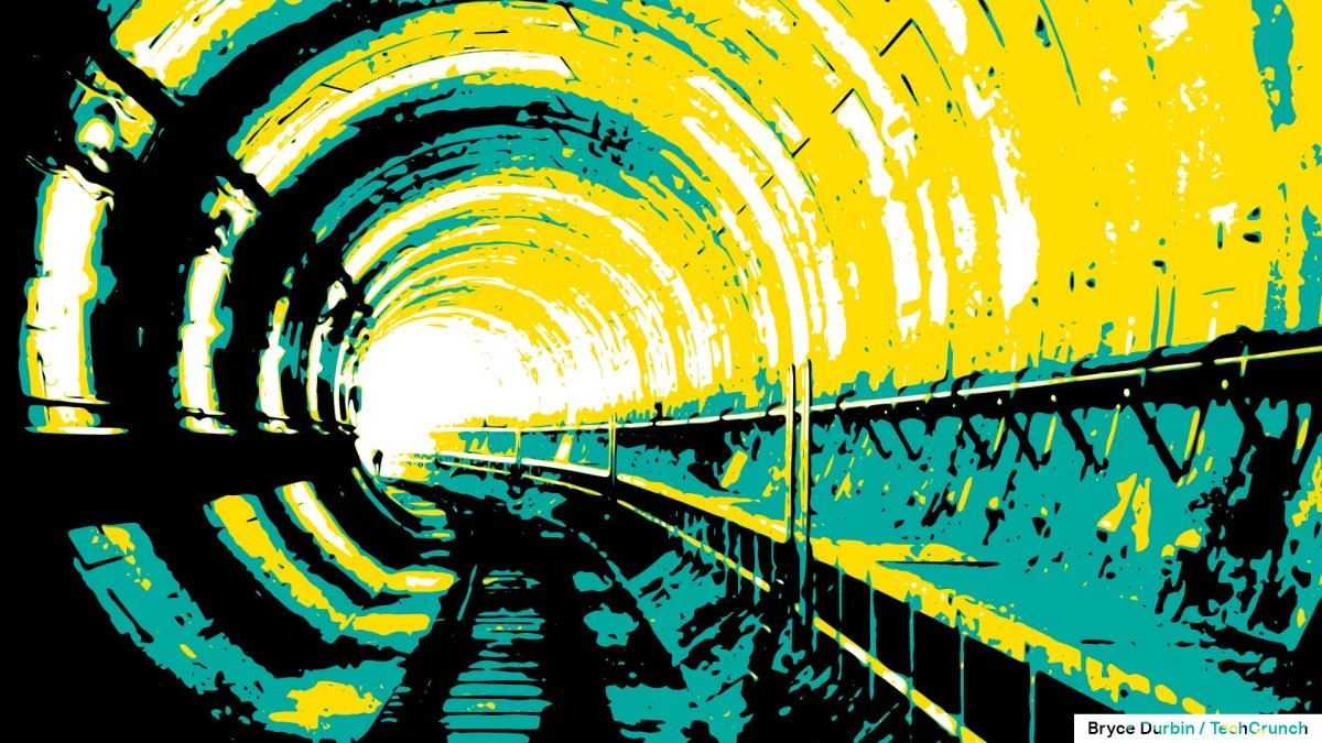 an illustration of an underground tunnel gong bending around a corner to the left using mostly green, yellow and black, with the light of the tunnel exit in the near distance