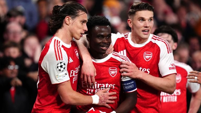 Arsenal celebrate Bukayo Saka's opener against Atletico in the Champions League semi-final second leg