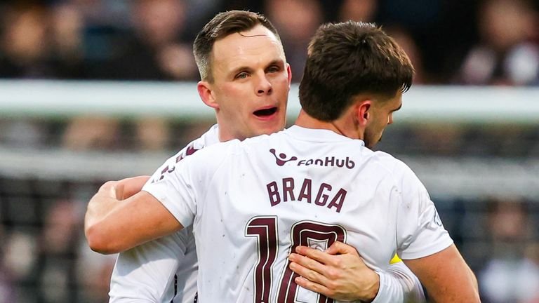 DUNDEE, SCOTLAND - JANUARY 11: Hearts' Claudio Braga (R) celebrates scoring to make it 1-0 with teammate Lawrence Shankland during a William Hill Premier League match between Dundee and Heart of Midlothian at Dens Park on January 11, 2026 in Dundee, Scotland. (Photo by Ross Parker / SNS Group)