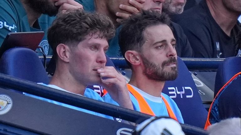 Teary-eyed John Stones and Bernardo Silva after playing their last game for Man City
