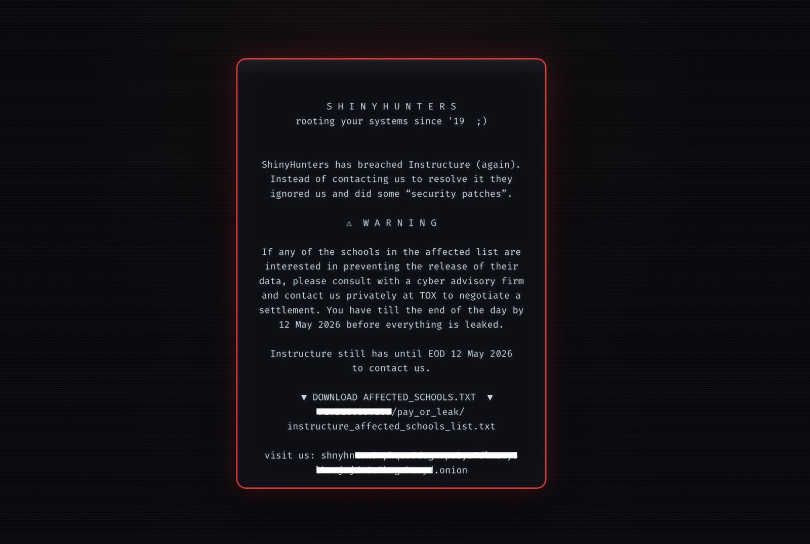 An edited screenshot of the message ShinyHunters left on the hacked login pages of Instructure's platform Canvas.