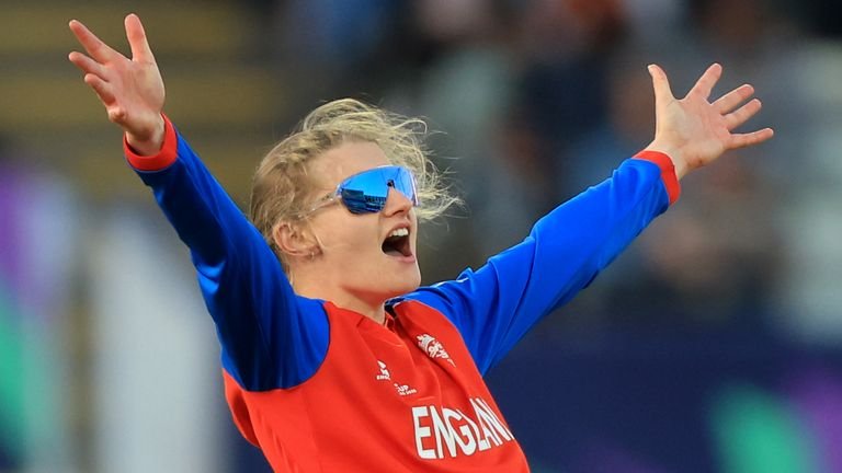 England off-spinner Charlie Dean appeals for a wicket during the 2026 ICC Women's T20 World Cup (PA Images)