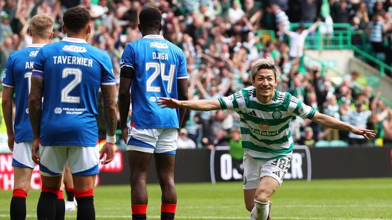 Celtic's Daizen Maeda celebrates after scoring to make it 3-1 against the Rangers