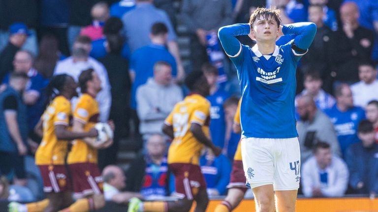 GLASGOW, SCOTLAND - APRIL 26: Rangers' Mikey Moore looks dejected after Motherwell's Emmanuel Longelo scored to make it 3-2 during a William Hill Premier League match between Rangers and Motherwell at Ibrox Stadium on April 26, 2026 in Glasgow, Scotland. (Photo by Alan Harvey/SNS Group)