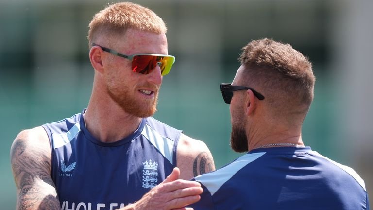 England captain Ben Stokes with head coach Brendon McCullum during a net session at Trent Bridge