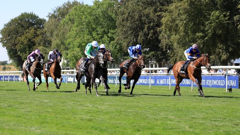 Aalto, ridden by William Buick, on his way to winning the Betway Bunbury Cup at Newmarket